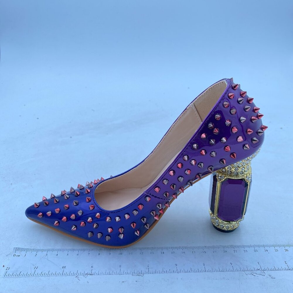 FSJ Blue Purple Rivets Bridal Pointed Toe Chunky Heel Crystal Pumps Dress Shoes - Picture 2 of 8